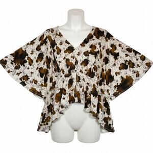 Daytrip Cow Print Top Women's L Brown White Dolman V-Neck High Low Cropped